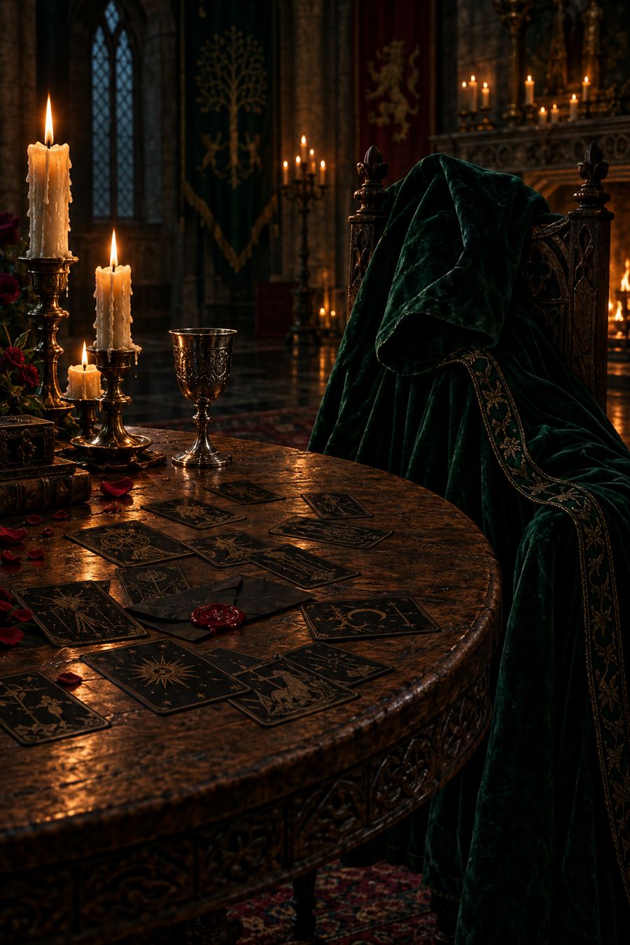 A candlelit round table with a hooded cloak draped over a chair